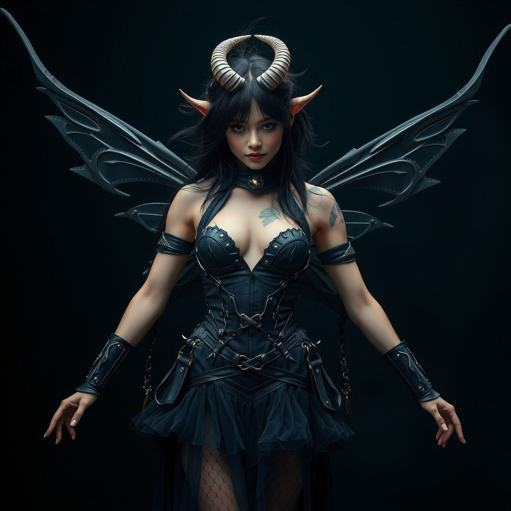 Dark Fairy with Horns and Wings in Avant-Garde Outfit
