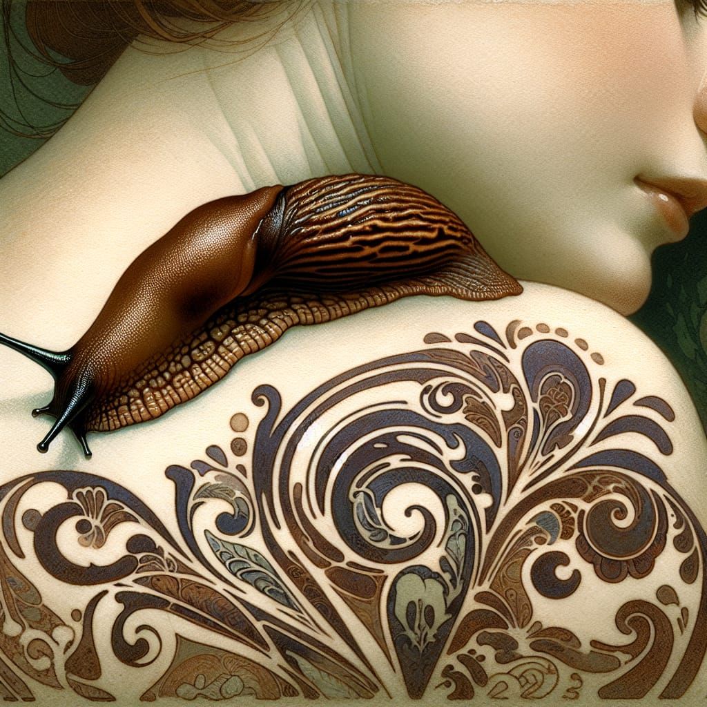Slug Resting on Woman in Art Nouveau Style