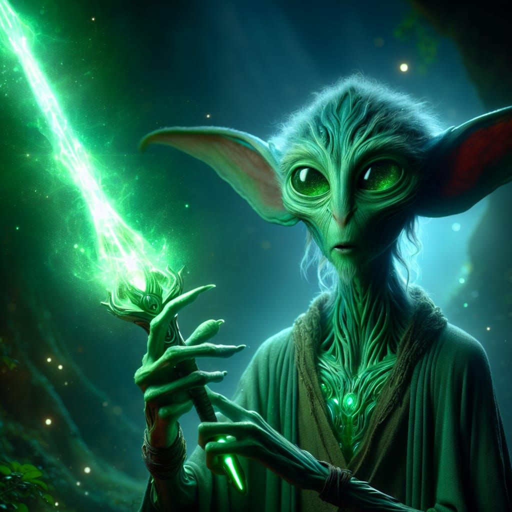 Green Alien-Tree Hybrid Wielding Emerald Energy Sword