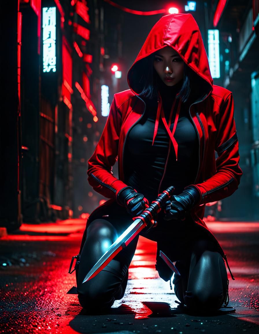 Asian looking cybernetic female assassin in black and red fo...