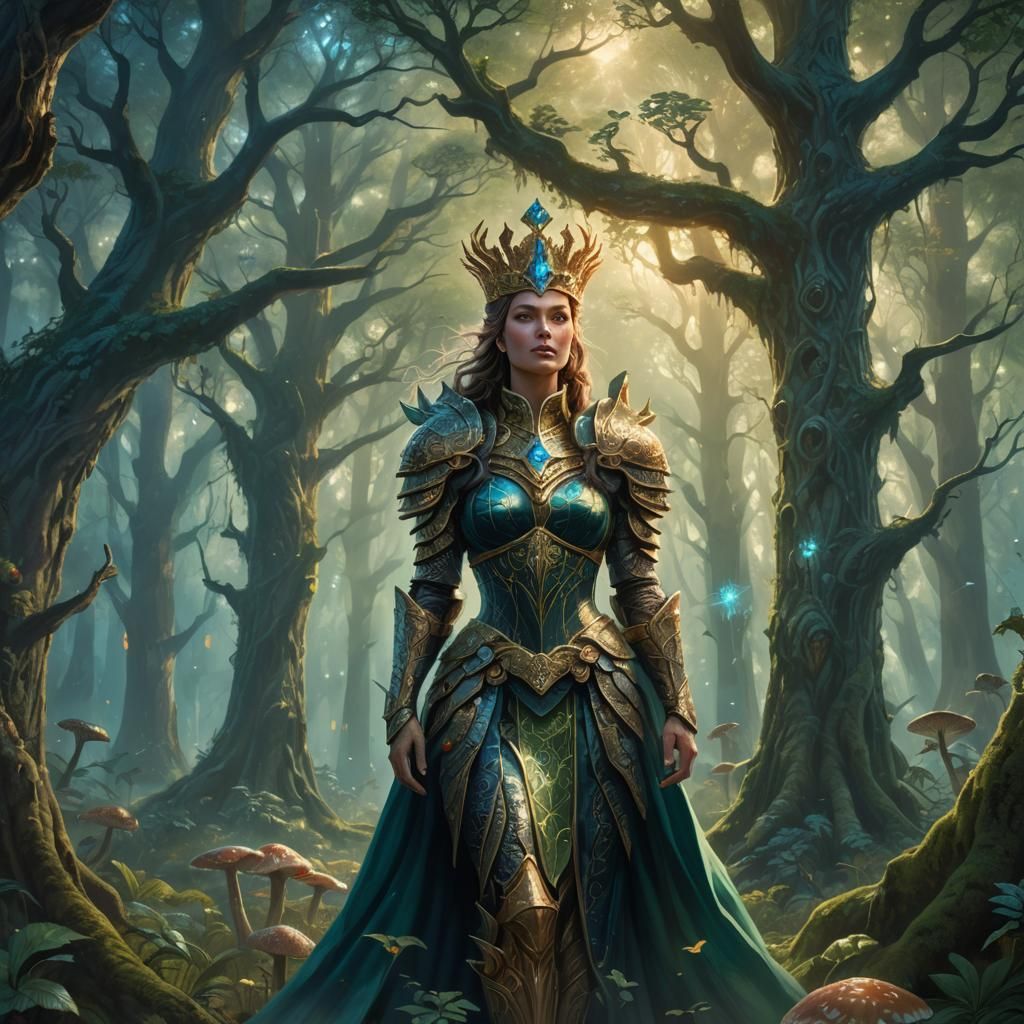 Regal Queen in Mystical Forest: Digital Concept Art