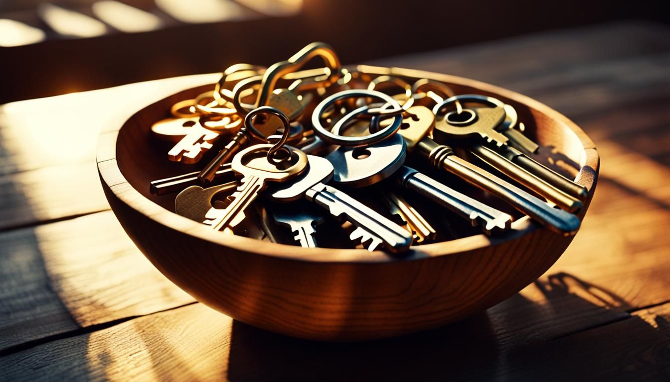 Dramatic Keys in Wooden Bowl, Golden Hour Lighting