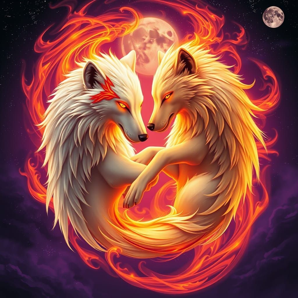 A mystical image of two mythical wolves intertwined in a Yin-Yang formation. One wolf is white with fiery red accents, s...