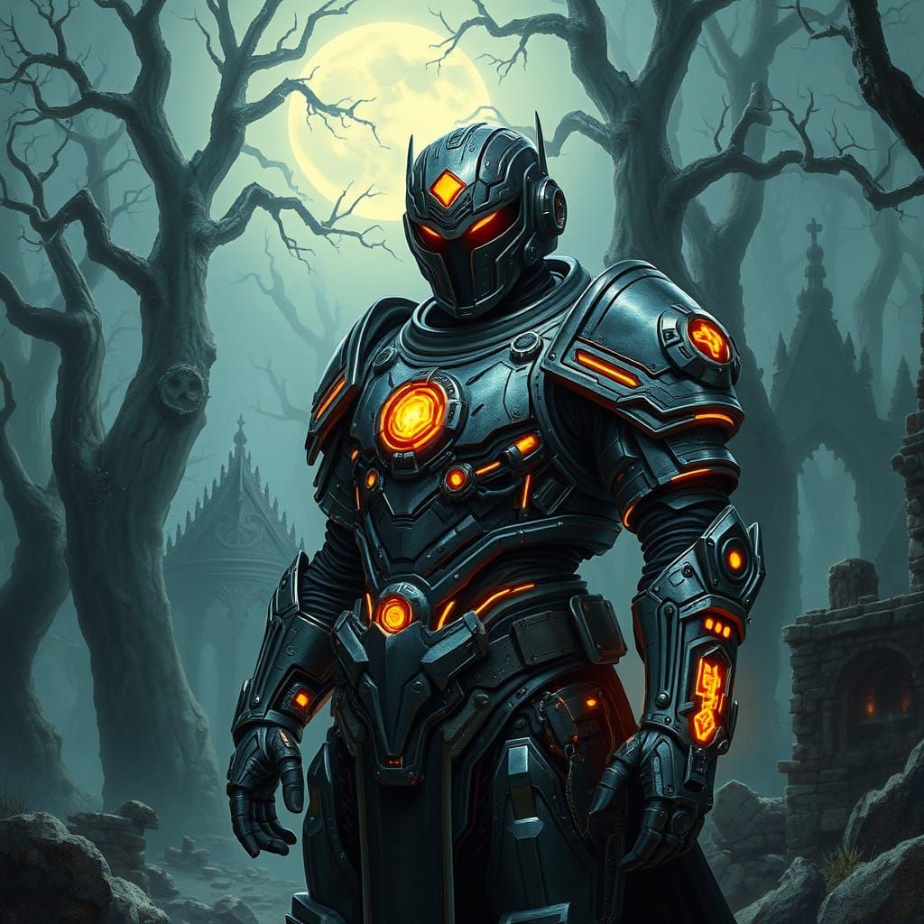 Cyber-Knight in Futuristic Fantasy Setting