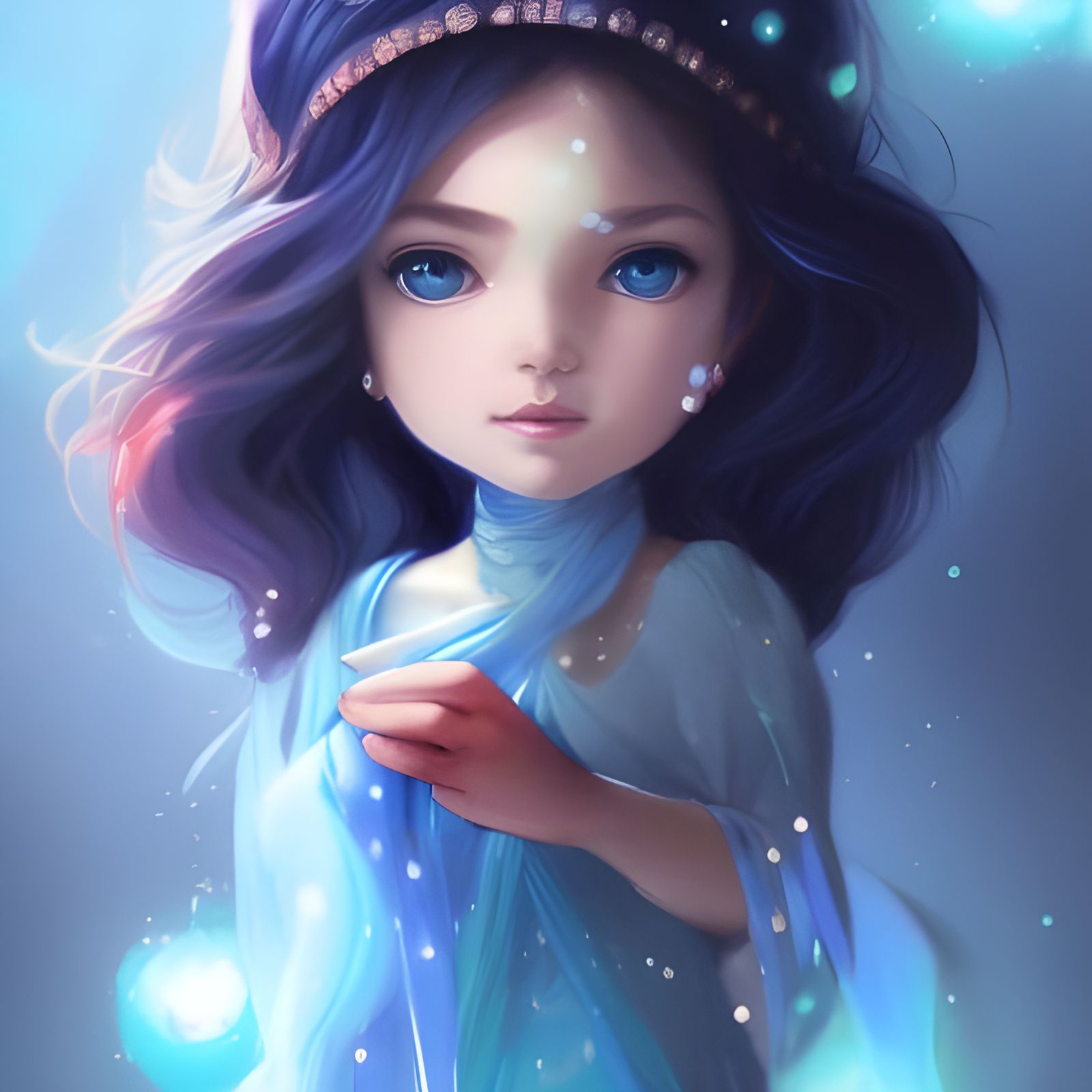 Chibi Girl Holding Crystals in Moonlight, Digital Art