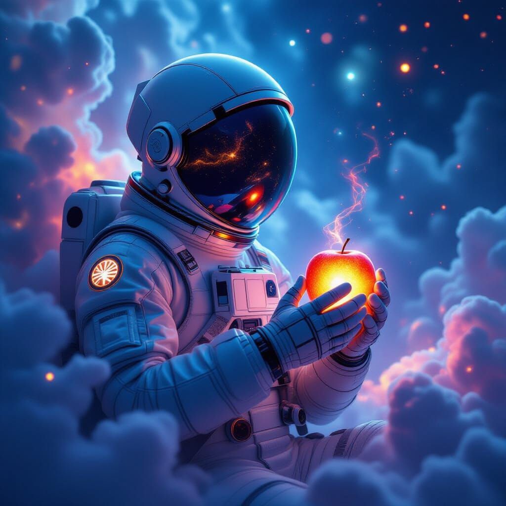 Astronaut with Glowing Apple in Nebula