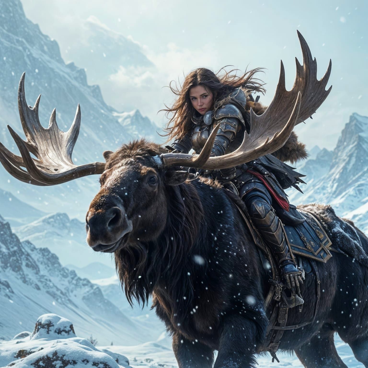 Armored Warrior on Moose in Snowy Mountains