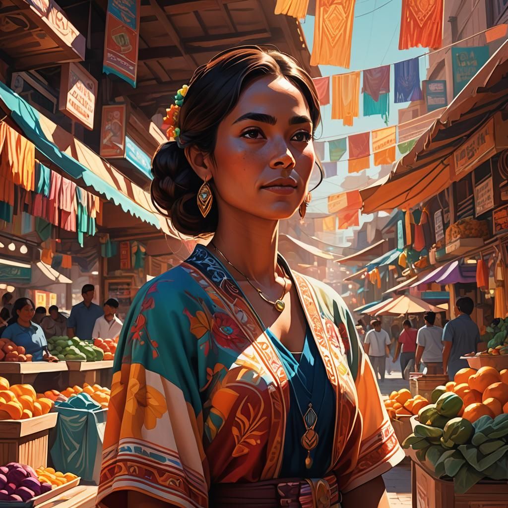 Glowing Mexican Woman in Lively Market, 3D Art