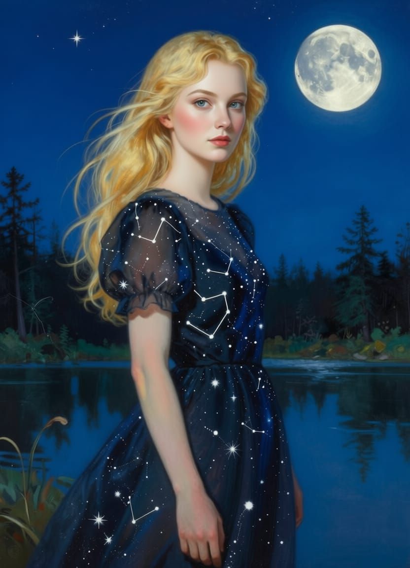 Constellation Dress Woman in Starry Night Scene