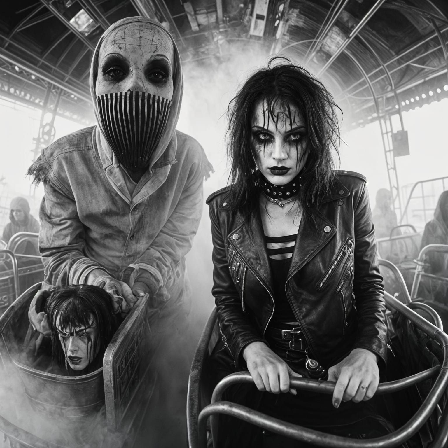Goth Model in Haunted Carnival: Black and White Photo