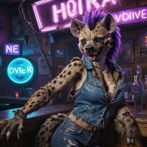 Furry Hyena in Dive Bar, Photorealistic 3D Render