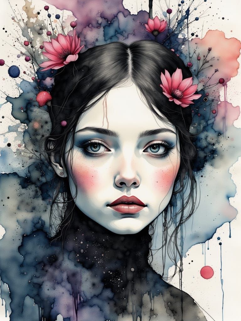 Ethereal Gothcore Woman in Liquid Ink and Watercolor