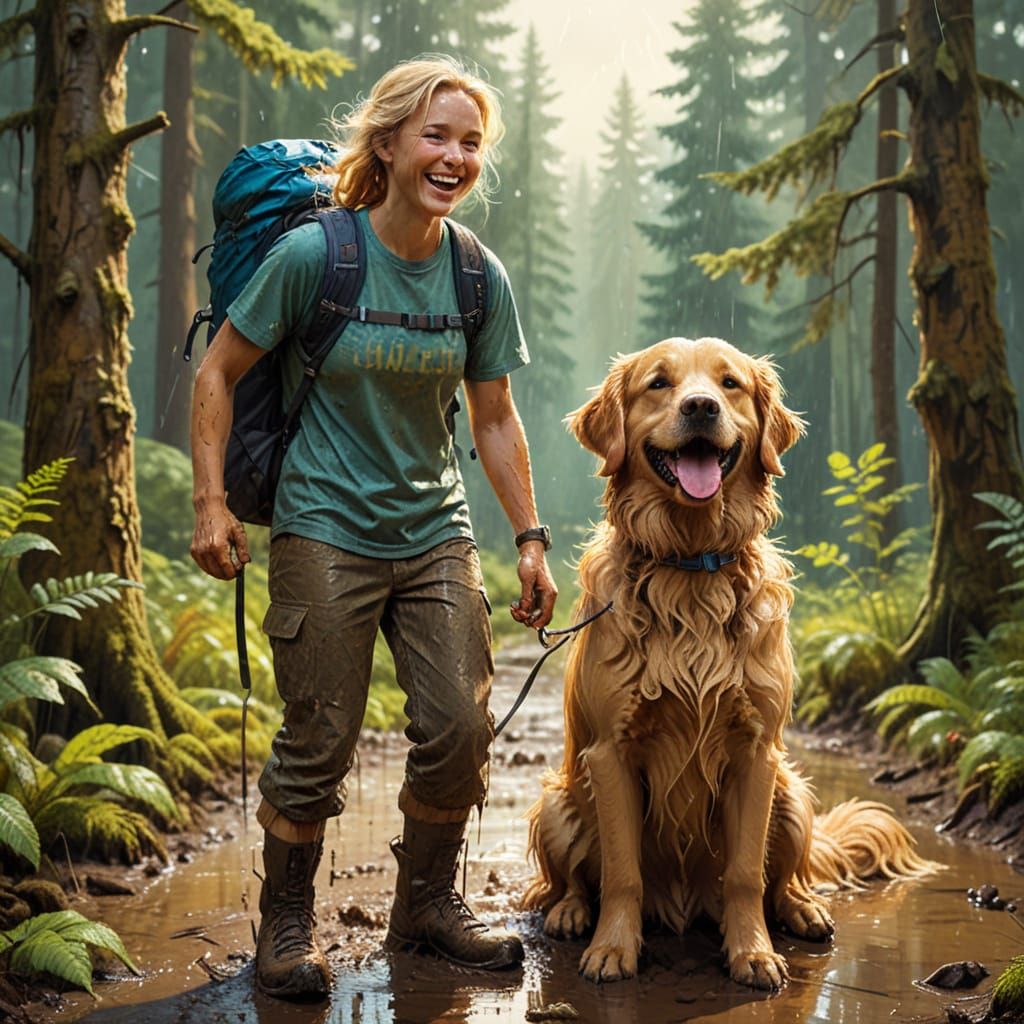 Muddy Hiker and Dog Grin After Forest Rain