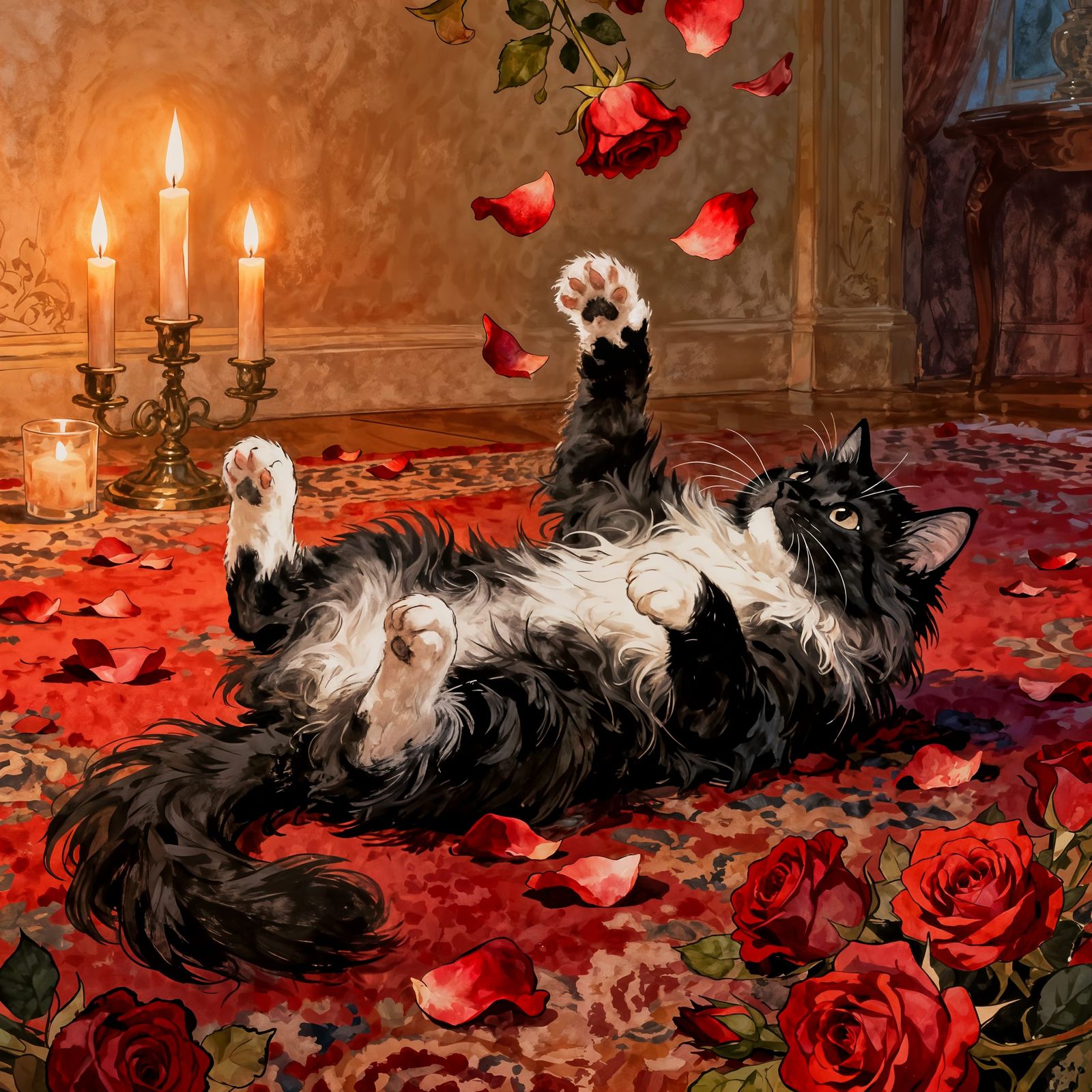 Vintage Kitten Playfully Tosses Rose Petals