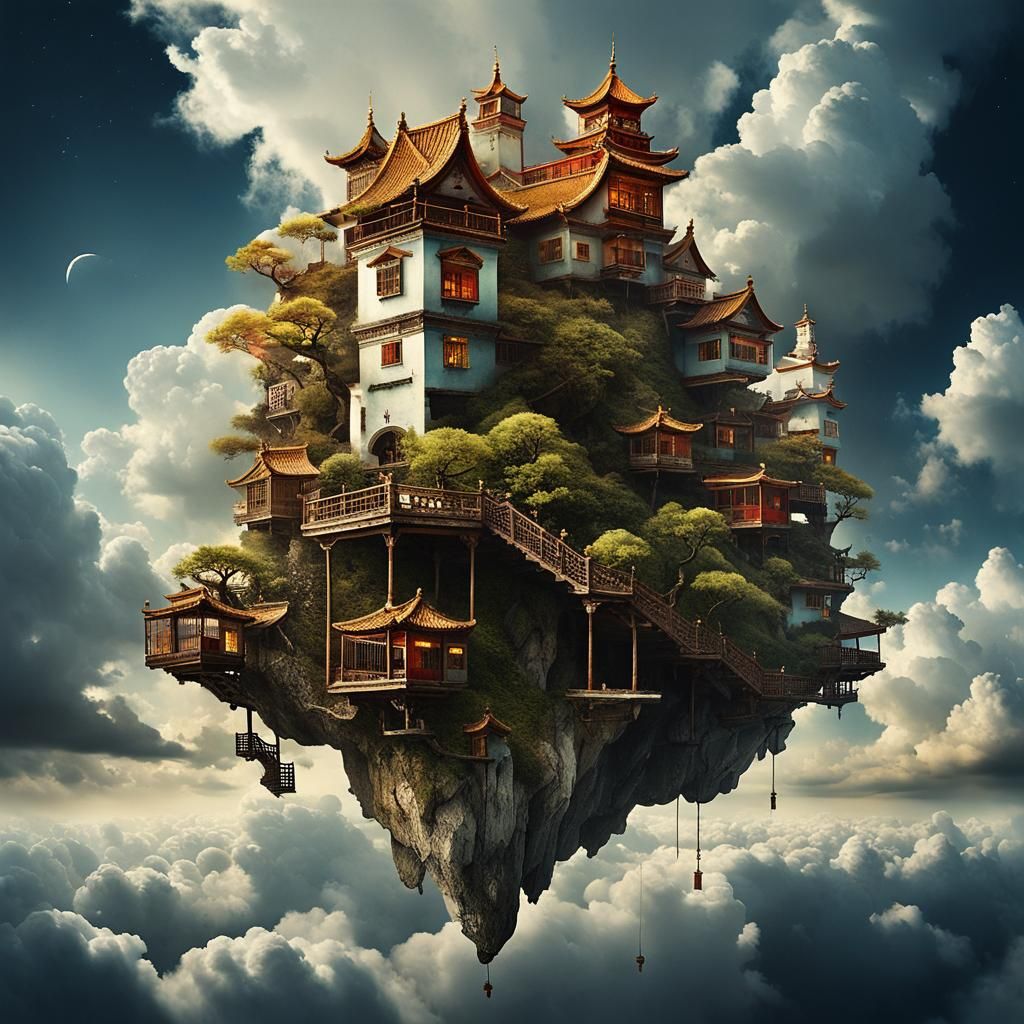 Surreal Bonsai Village in Clouds Under Starry Sky