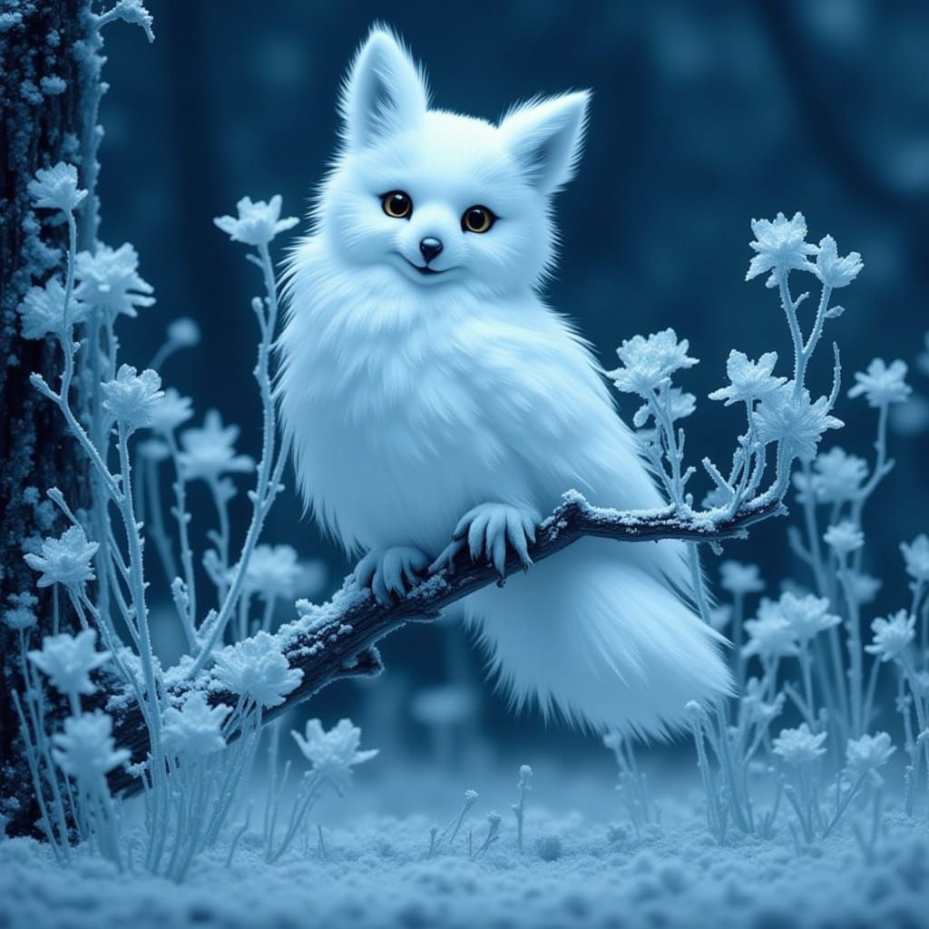Fantastical Fox-Owl Hybrid Perched on Frosty Branch