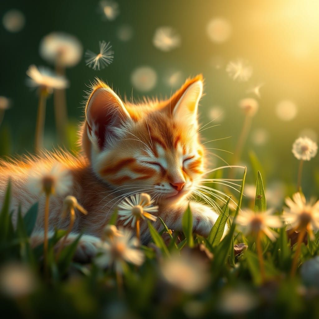 Whimsical Ginger Kitten in a Dazzling Dandelion Meadow
