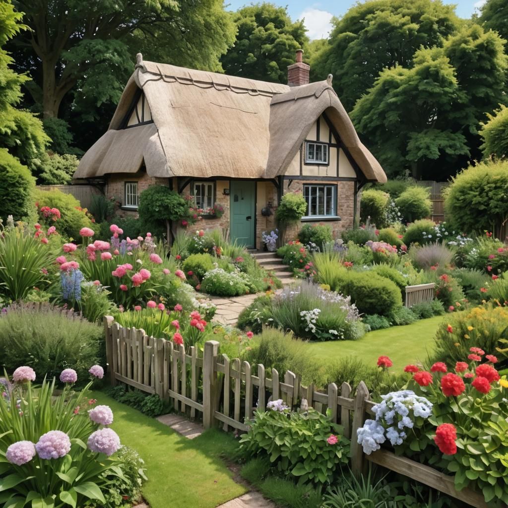 Idyllic Cottage Garden with Thatched Roof