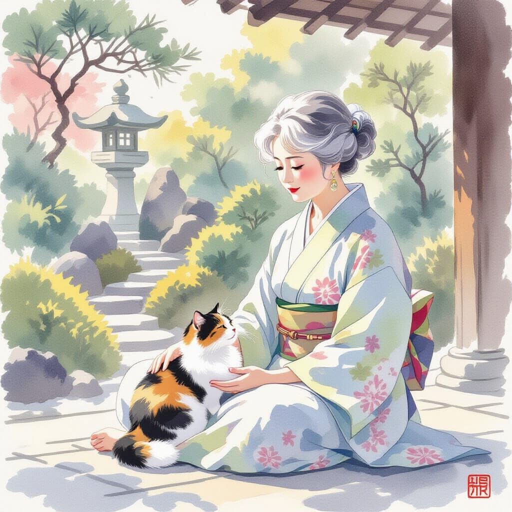 Peaceful Elderly Woman Meditates with Cat in Japanese Garden