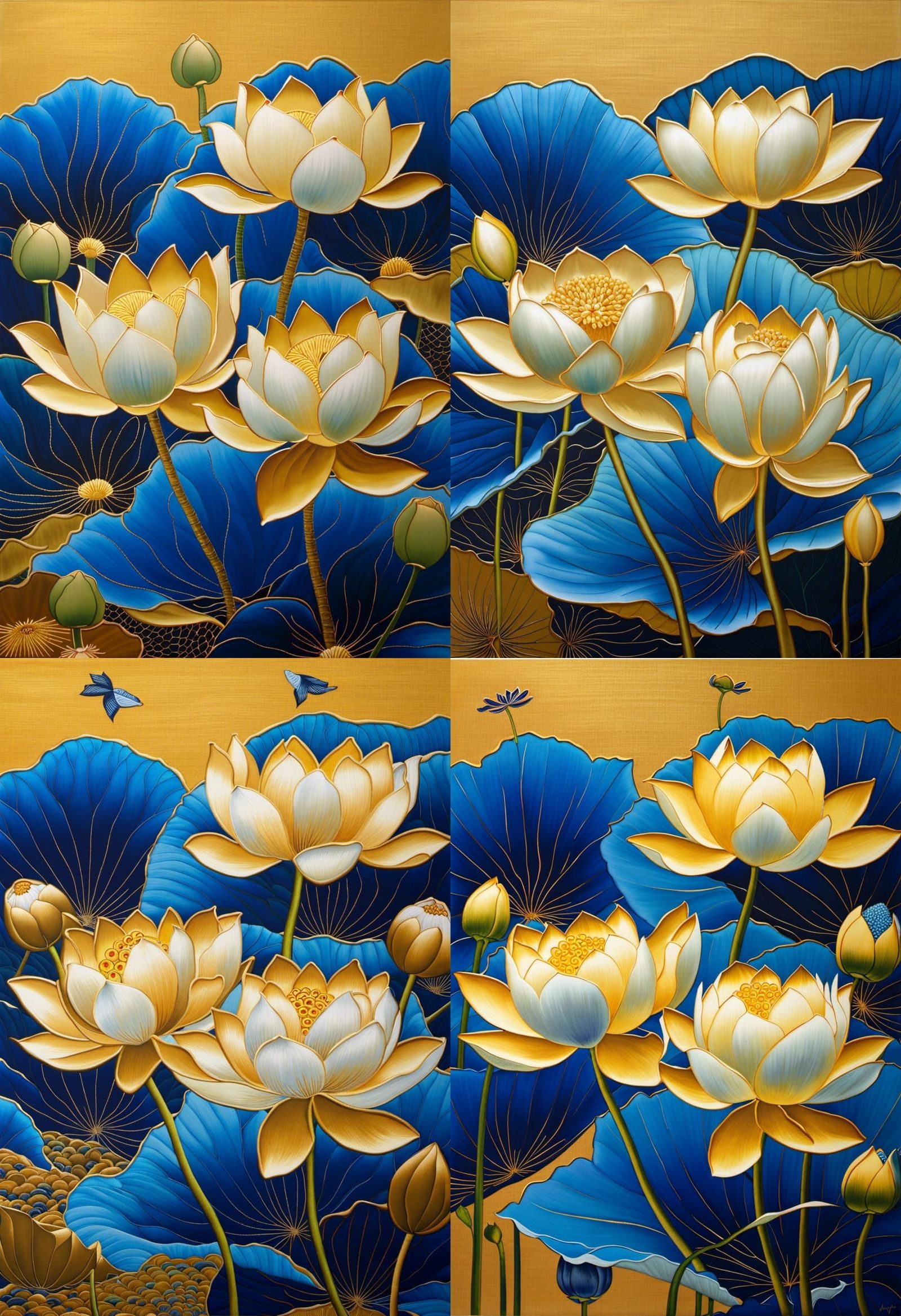 Gold Lotus with Blue Leaves and Buds
