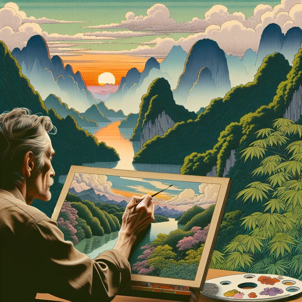 Sunset Mountain Painter in Shin Hanga Style