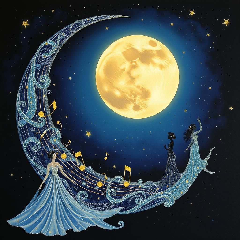 Ethereal Moon of Music and Silhouettes in Romantic Style
