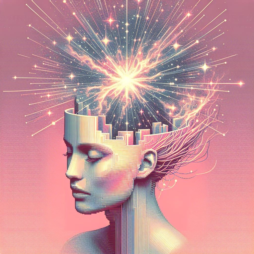 Glitch Art: Woman's Head Exploding Into Constellation