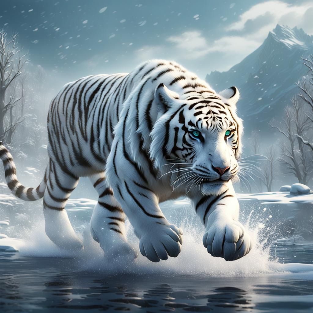 White Tiger Running Across Snowy Lake