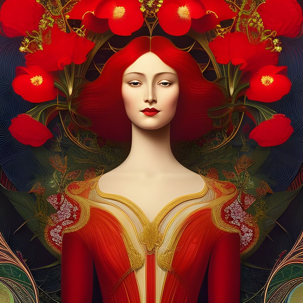 Red-Haired Girl with Flowers in Art Nouveau Style