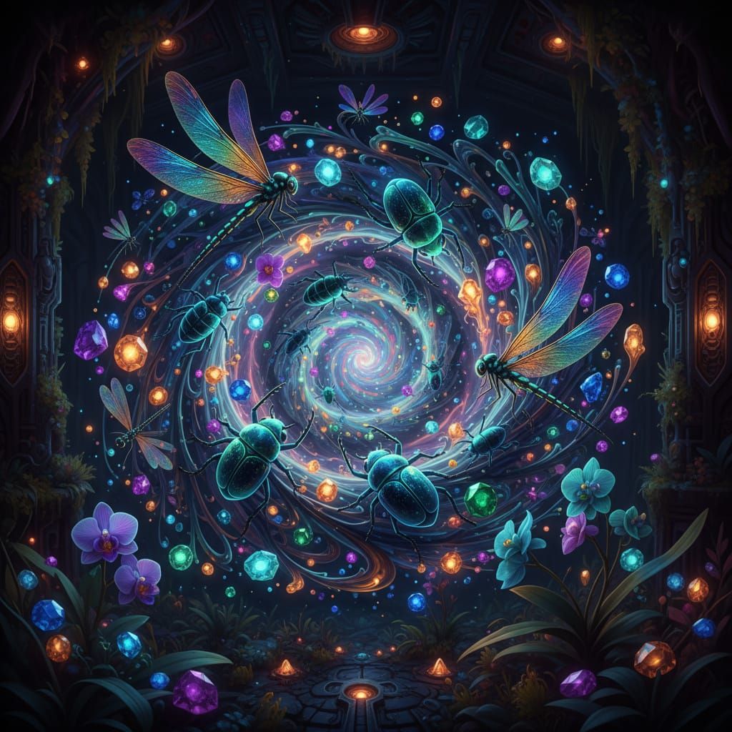 Bioluminescent Scarabs and Dragons in Cosmic Vortex