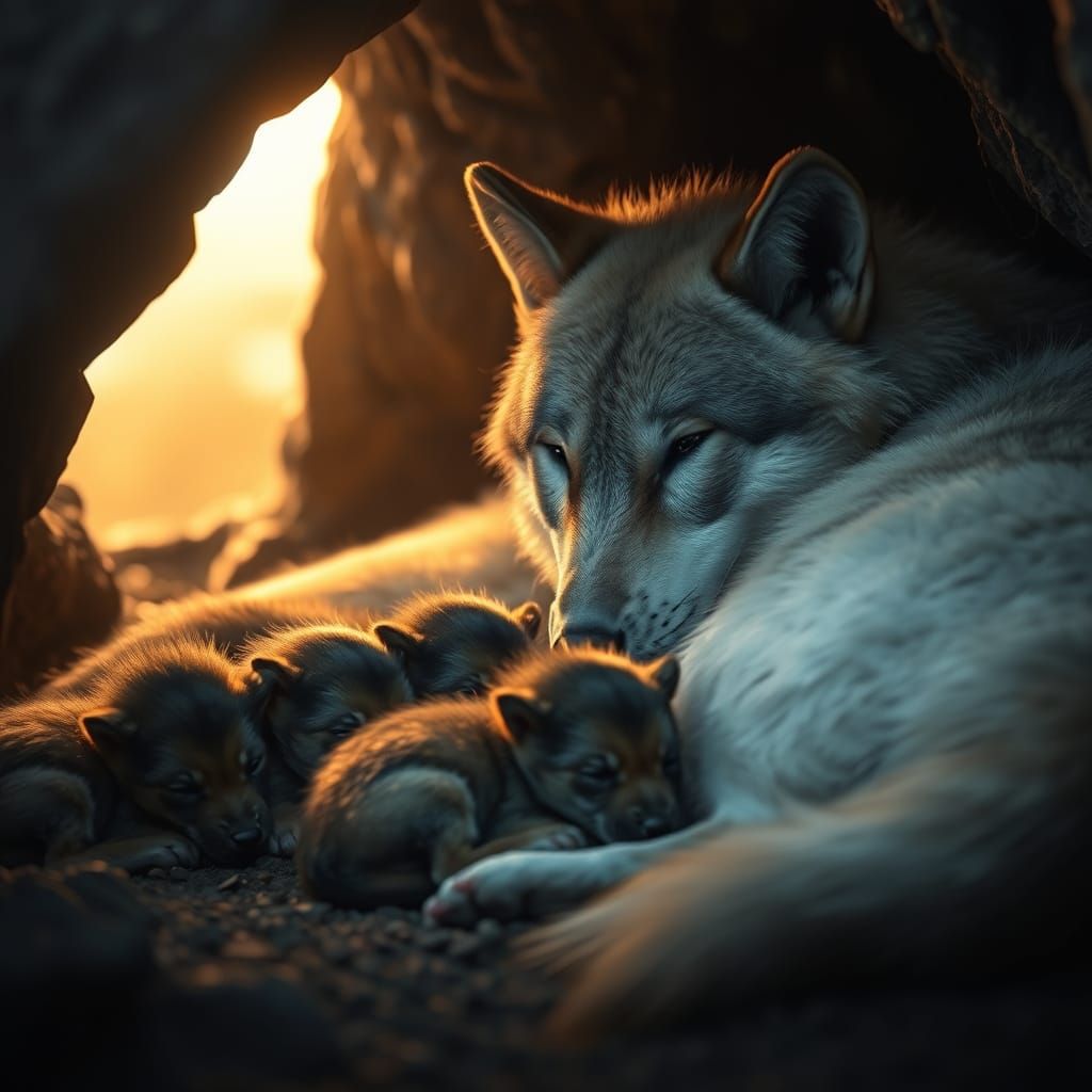Wolf Mother and Her Adorable Pups in a Cozy Cave