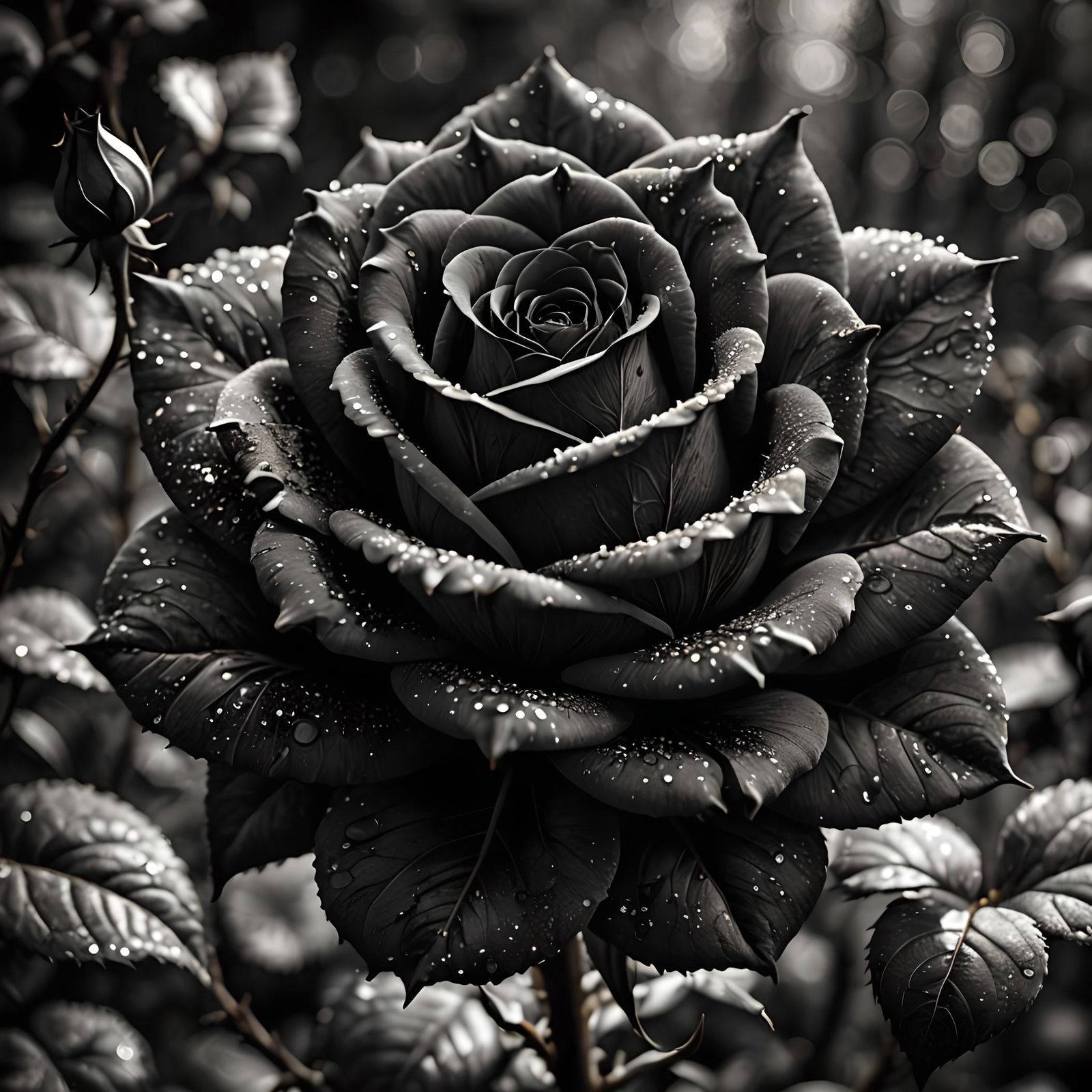 Detailed Black Rose Macro Photography in Black and White