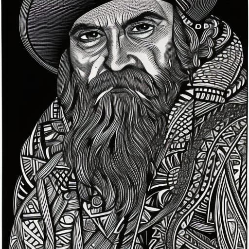 Detailed Old Mage in Forest: Black Ink Drawing