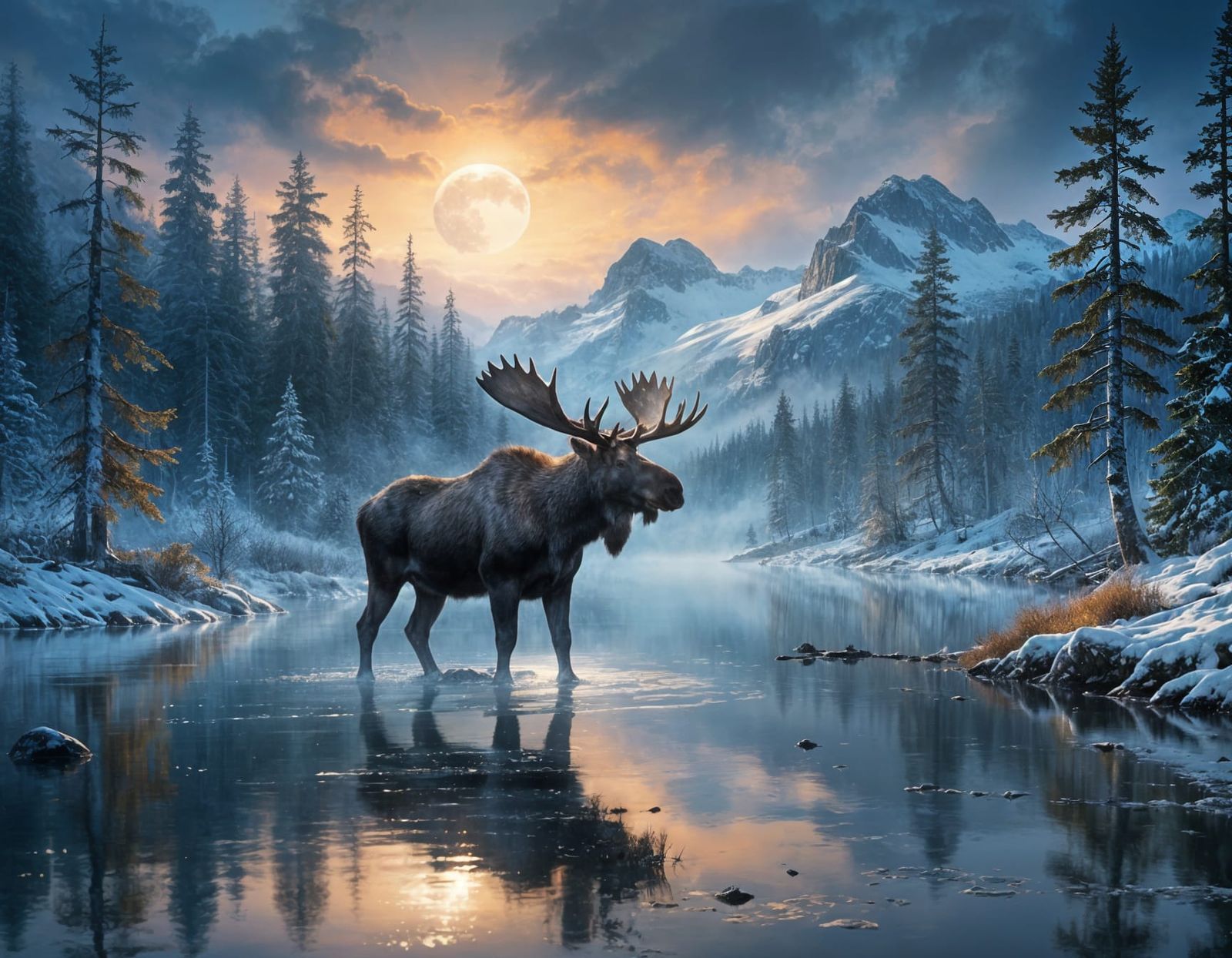 Moose in Misty Lake: Luminist Winter Landscape