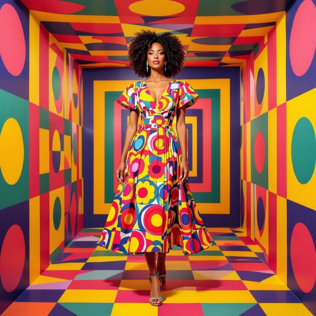 Vibrant Woman in Kaleidoscopic Room in Illustrative Style