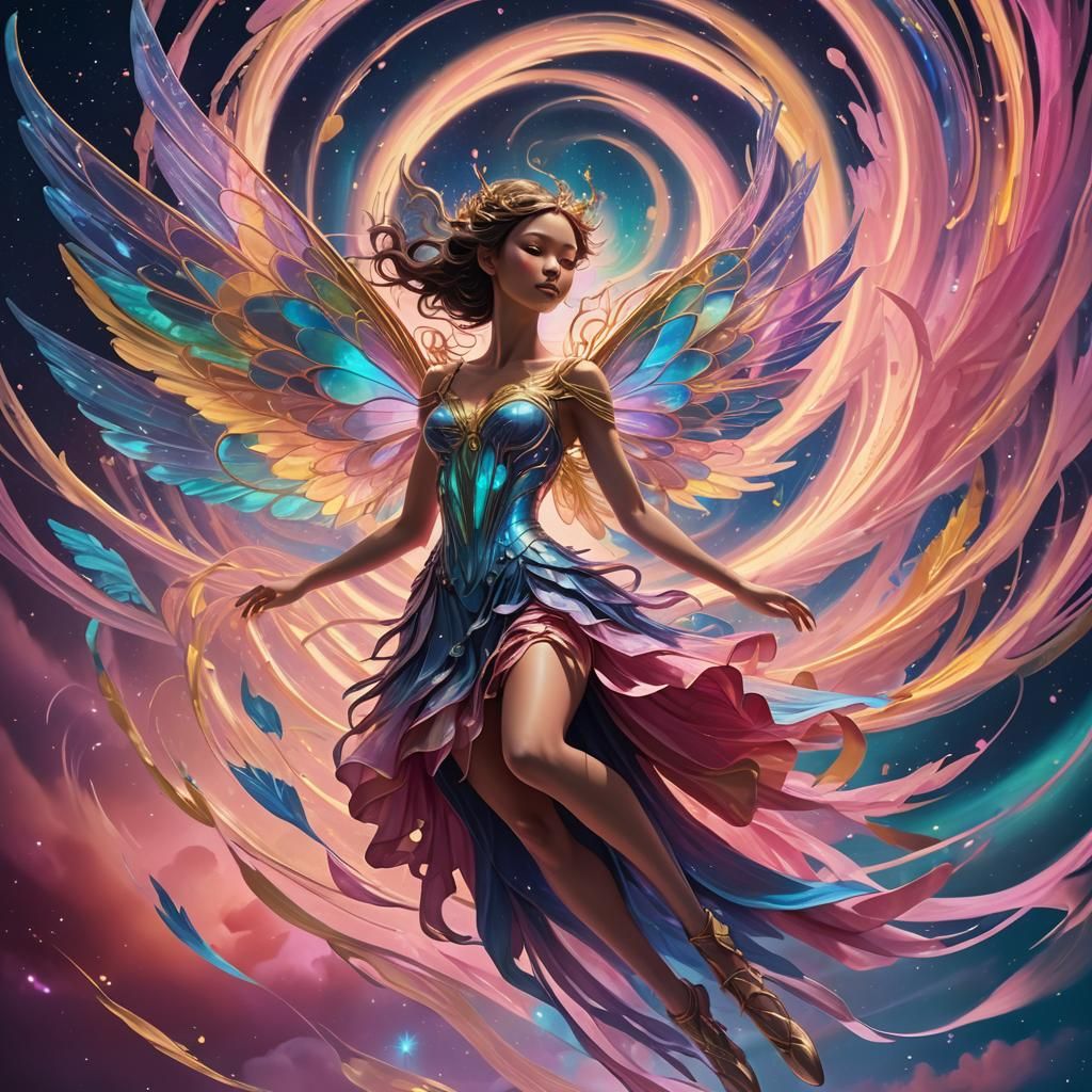 Iridescent Fairy Soaring Through Colorful Vortex