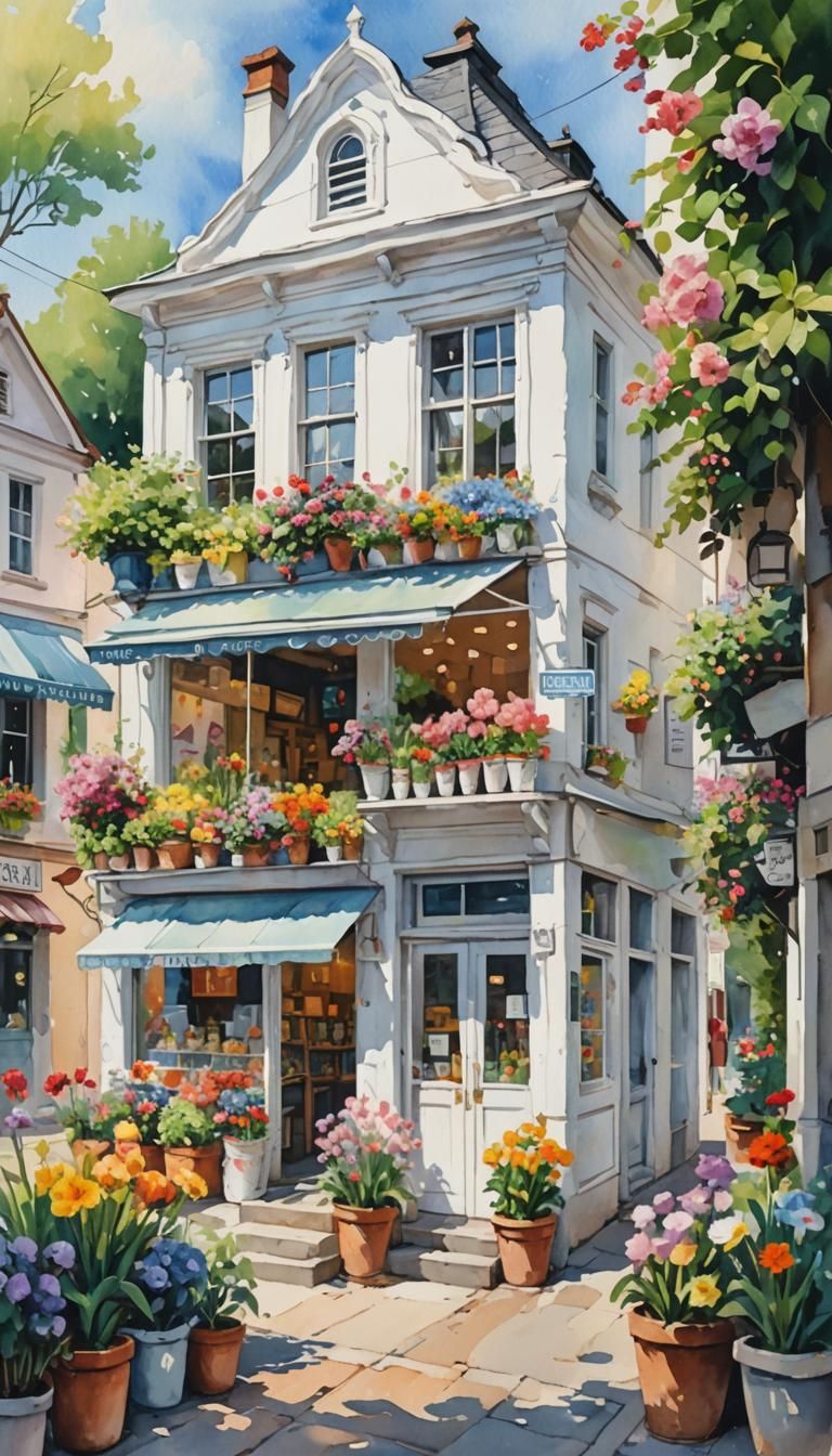 Country Flower Shop in Gouache Style