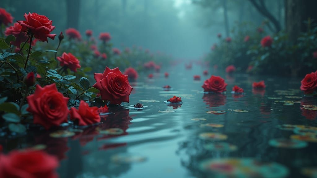Mystical Pool Reflecting Roses: Surreal Fantasy Art