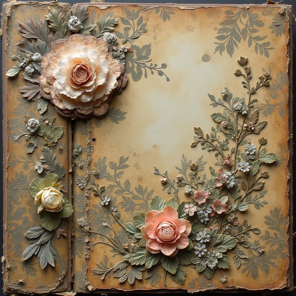 Vintage Collage Art with Distressed Texture and Ornate Flora...