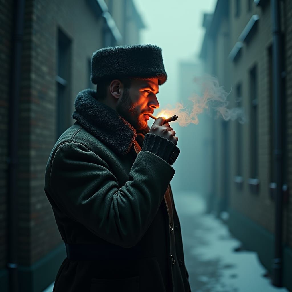 Russian Soldier Lighting Cigarette on Foggy Winter Night