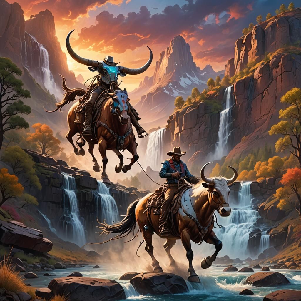 Robot Cowboy Roping Longhorn at Sunrise in Pixar Style