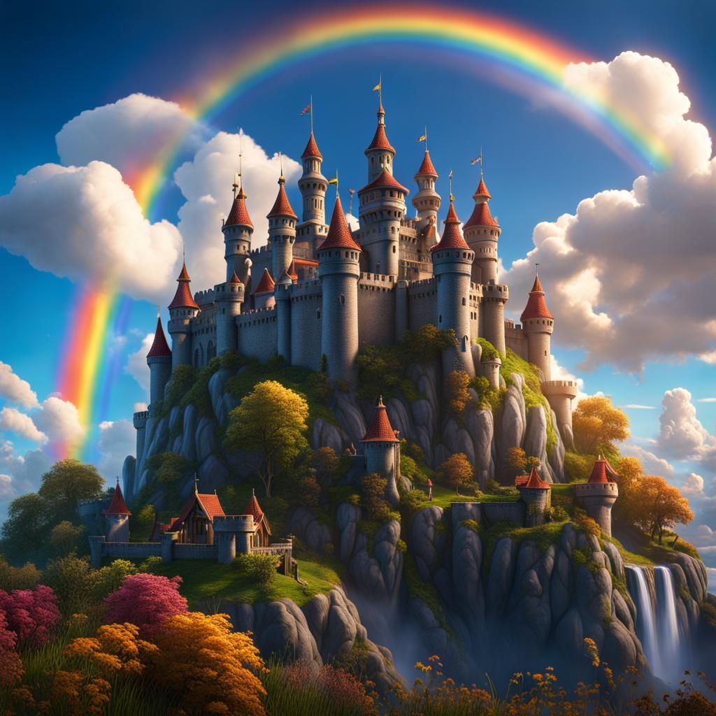 Medieval Cloud Castle with Rainbows, Fantasy Art