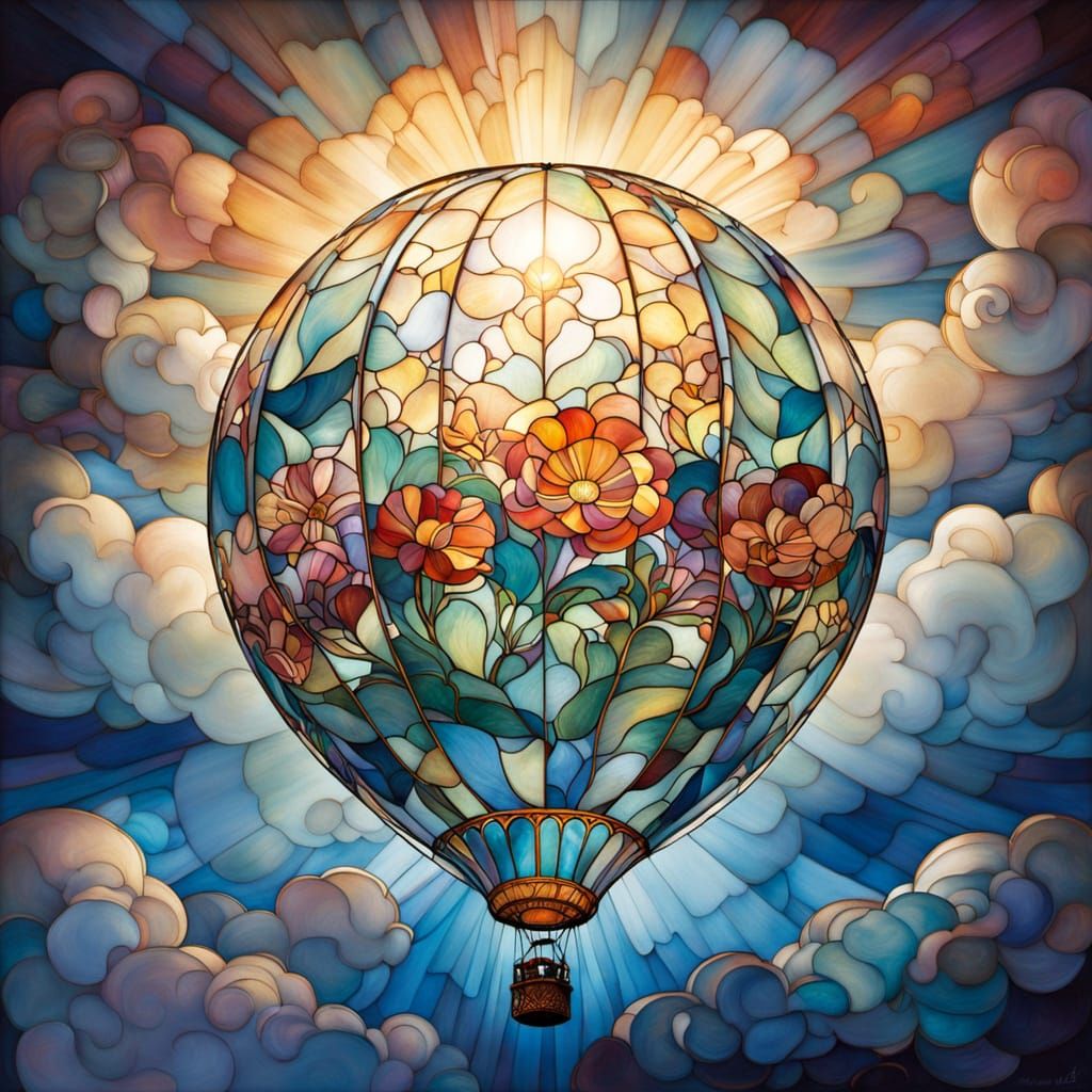 Stained Glass Balloon Above Clouds in Illustrative Style
