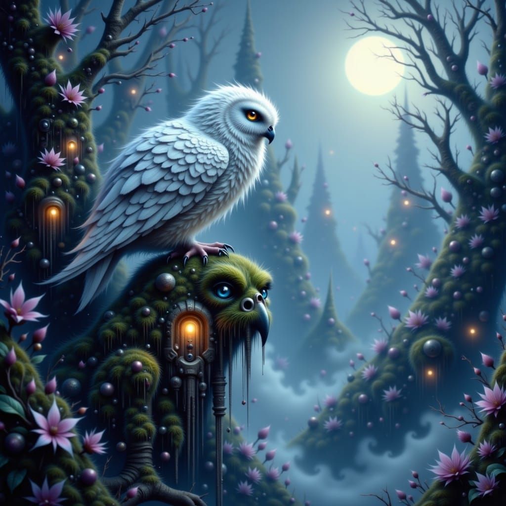 Majestic White Owl on Gargoyle in Moonlit Forest