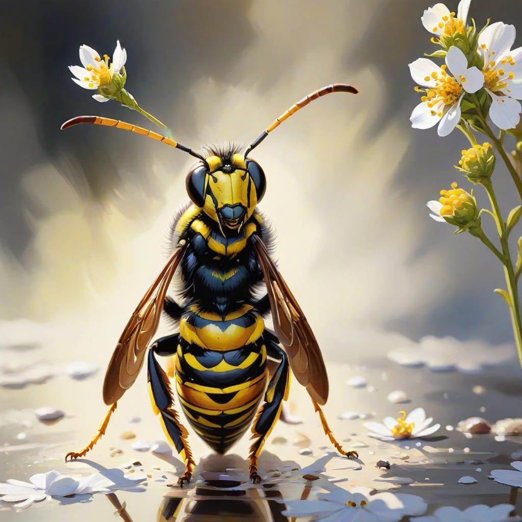 Detailed Gouache Painting of Wasp on Flower