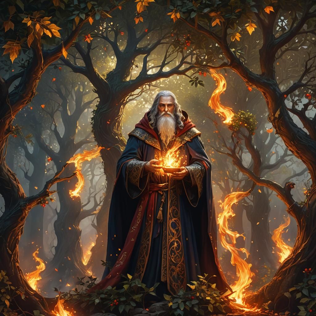 Wizard with Fire Element Under Holly Tree