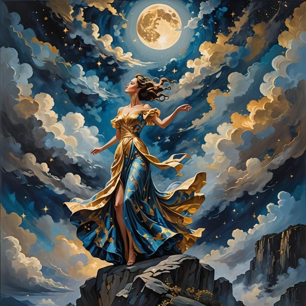 Woman on Cliff in Expressionist Starry Night