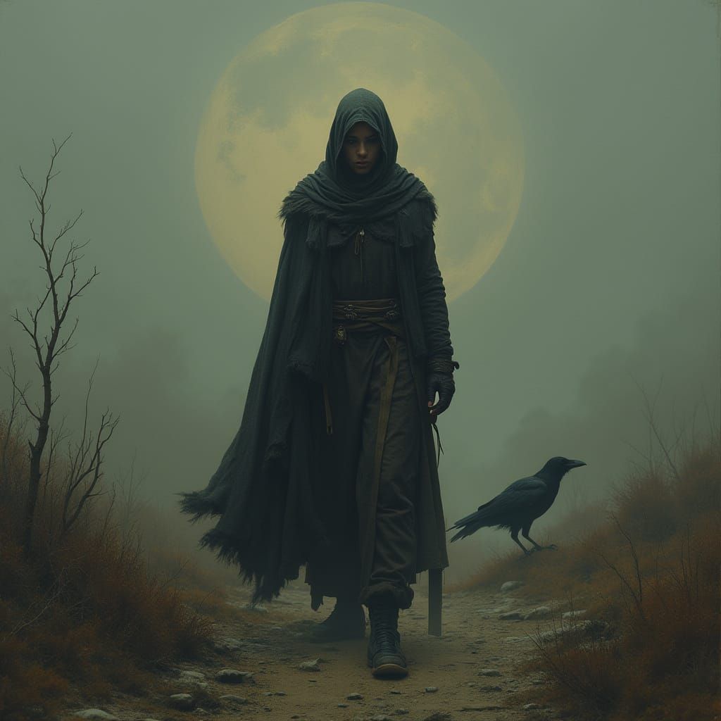 Melancholic Figure in Desolate Landscape as Matte Painting