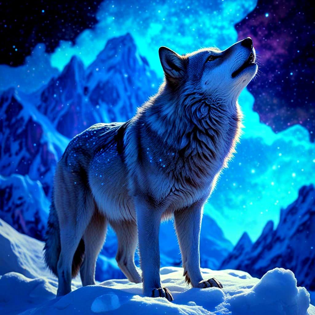 Cosmic Wolf on Snowy Peak in Art Nouveau Style