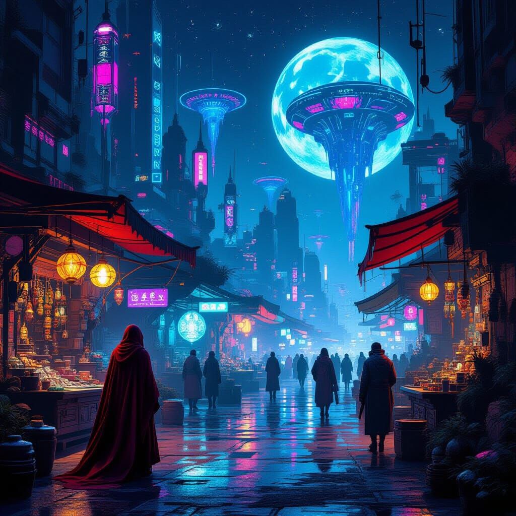 Alien Marketplace on Neon Planet with Crimson Cloaked Figure